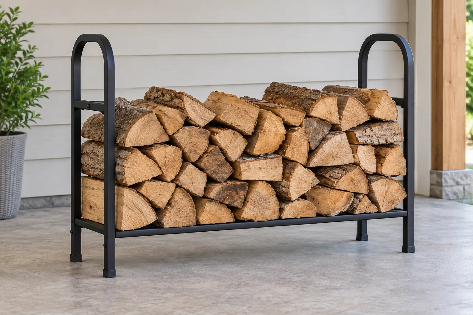 Unbranded conceptual metal firewood rack holding split logs in a neutral covered outdoor setting.