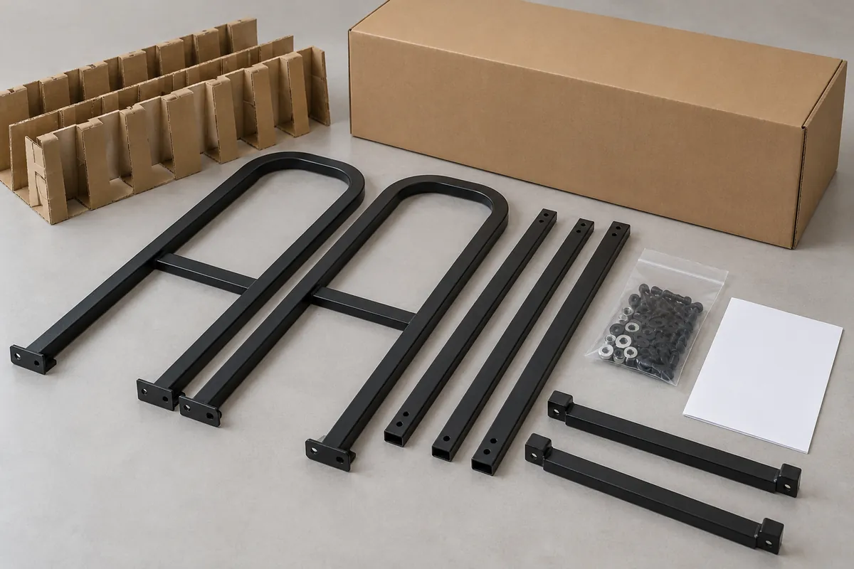 Buyer reviewing a conceptual flat-pack metal firewood rack, separated frame components and carton checklist