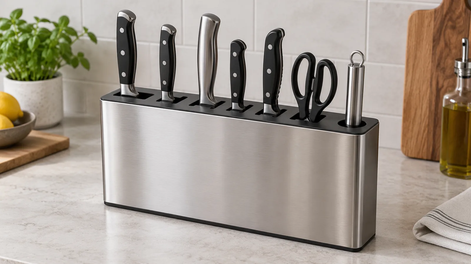 Conceptual slotted knife rack showing distinct openings for an importer sample specification review.