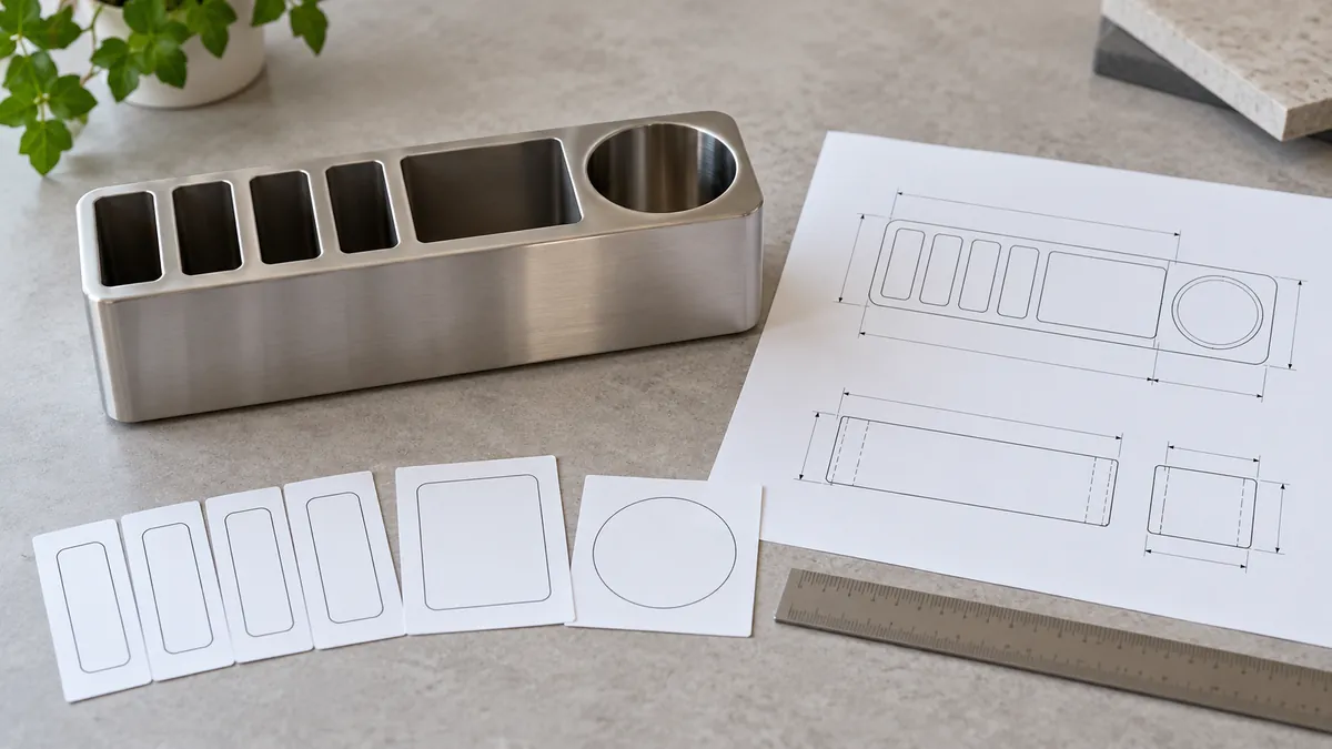 Buyer sample-review setup with a slotted rack, reference profiles, and a blank drawing.