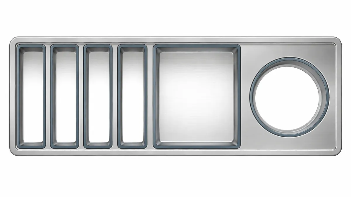 Conceptual knife-rack slot map with separate narrow, wide, and round tool openings.