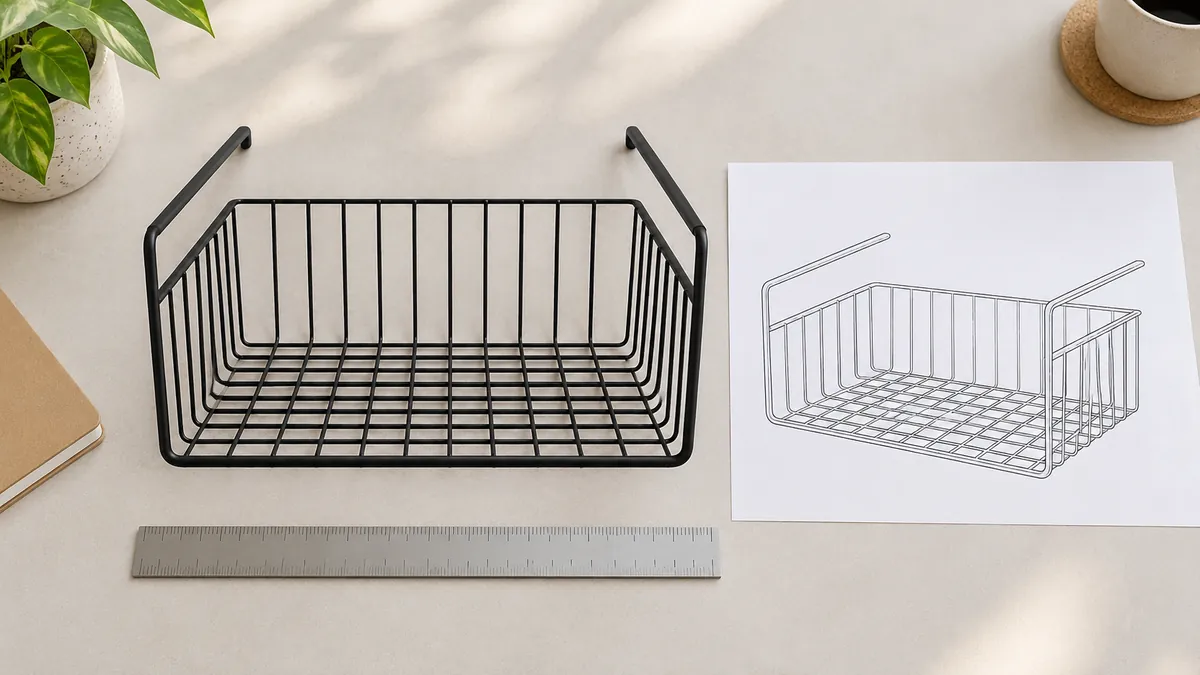 Buyer compares a wire basket sample with its blank drawing and overall dimensions