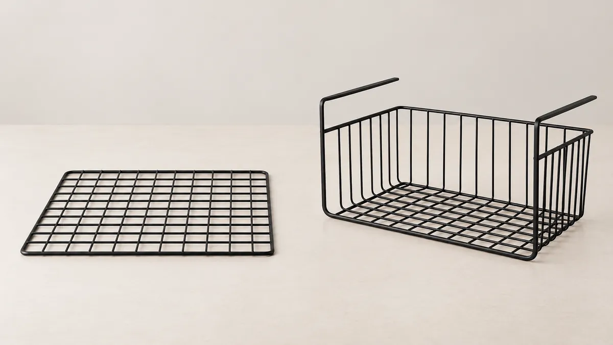 Flat generic wire mesh panel beside a finished household under-cabinet basket