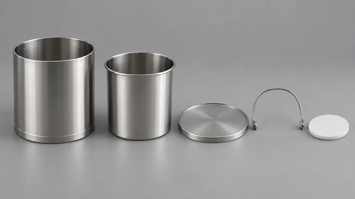 Conceptual countertop caddy components: outer shell, inner pail, lid, handle and filter insert