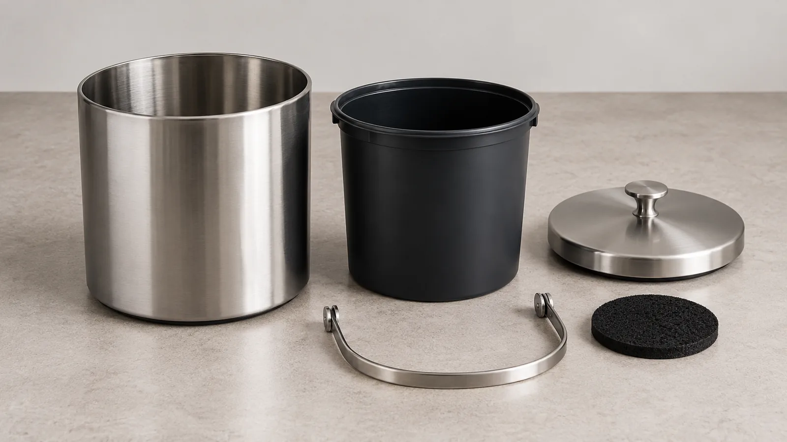 Conceptual countertop caddy kit with separate metal shell, inner pail, lid, handle and filter insert