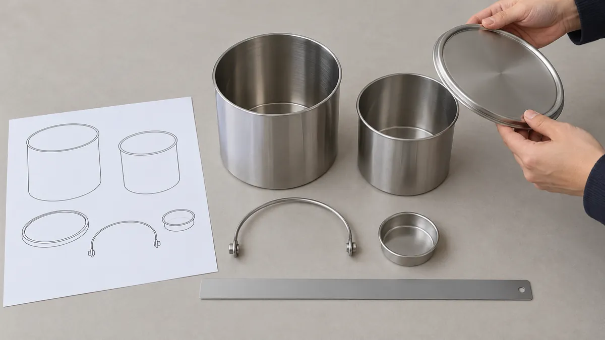 Buyer reviews a conceptual caddy sample, blank outline drawing and component set