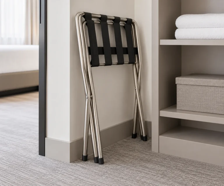 A generic metal luggage rack shown open beside a blank folded-storage outline.