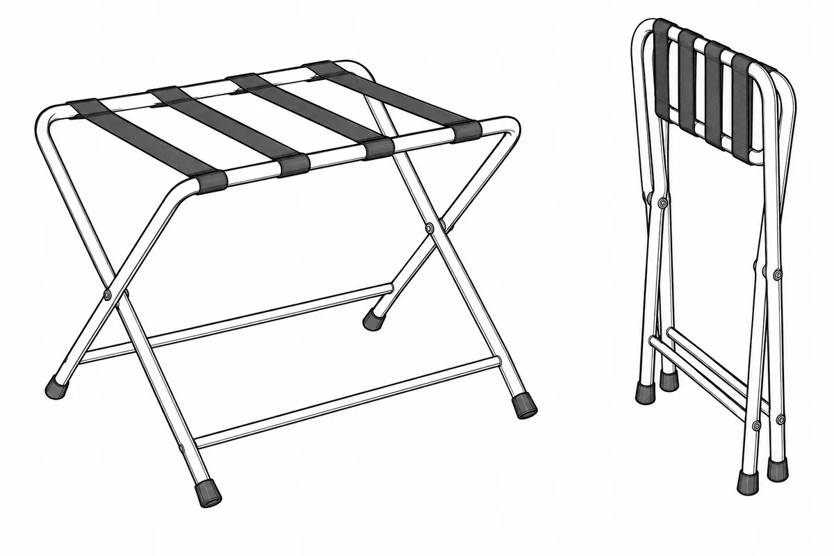 A generic folding metal luggage rack shown open and folded beside blank outline boxes