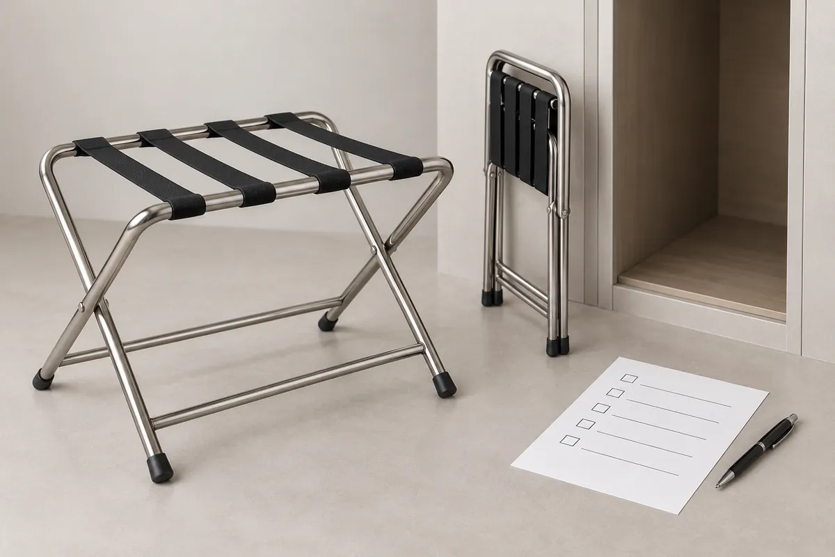 A buyer reviews a generic folded rack beside a blank storage outline and checklist