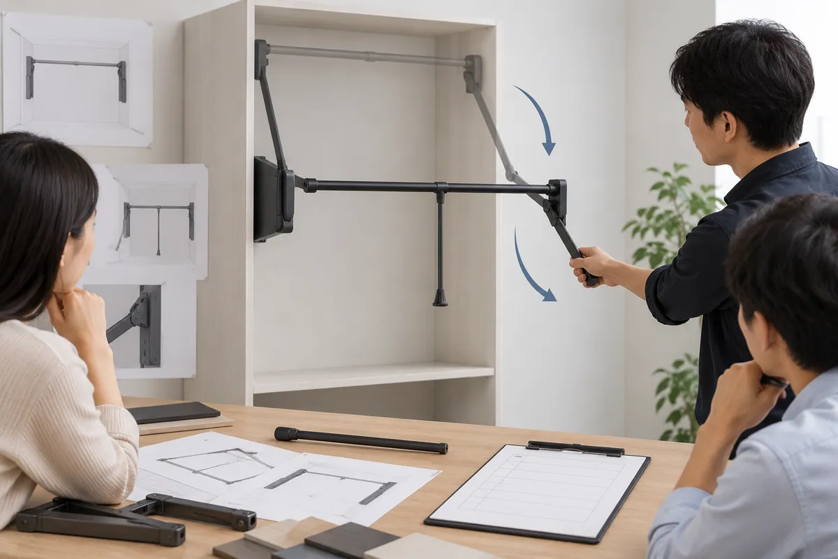 A generic cabinet-mounted lift shown at a sample review with a blank observation sheet and no labels
