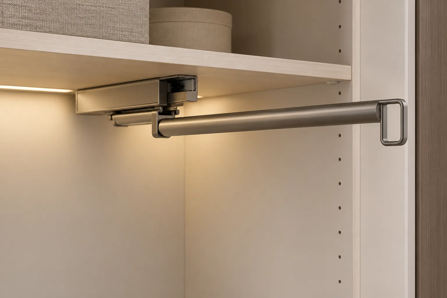 Generic pull-out closet valet rod shown beside a cabinet panel with no labels or dimensions.
