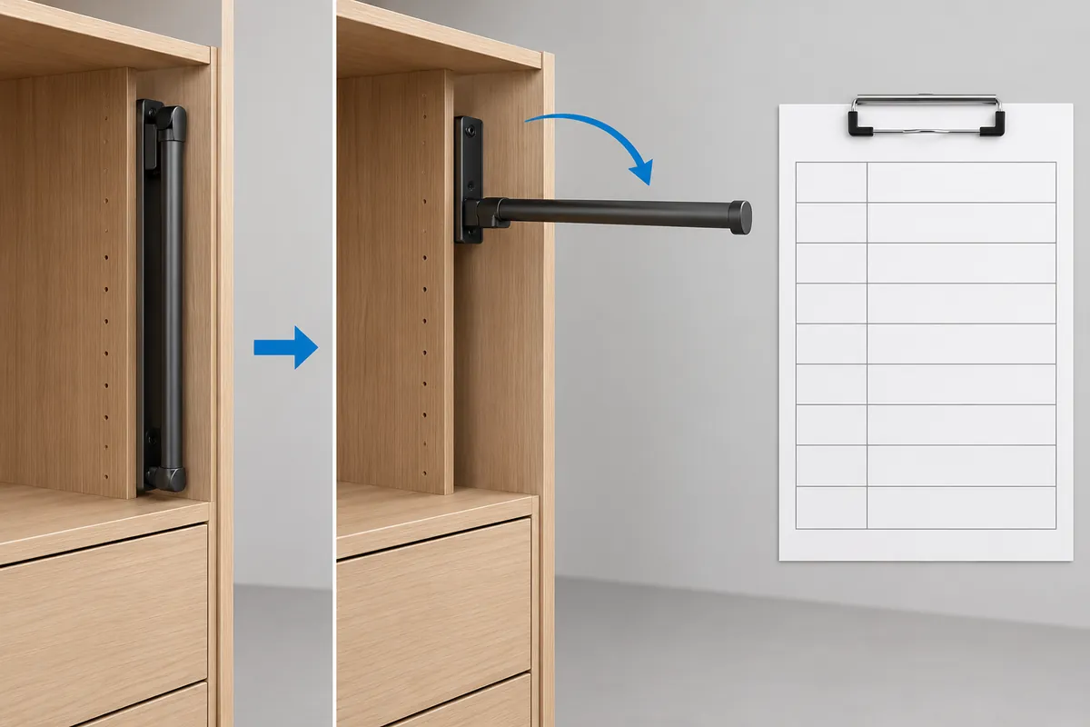 Generic valet rod in parked and extended positions beside a blank cabinet mock-up and observation sheet