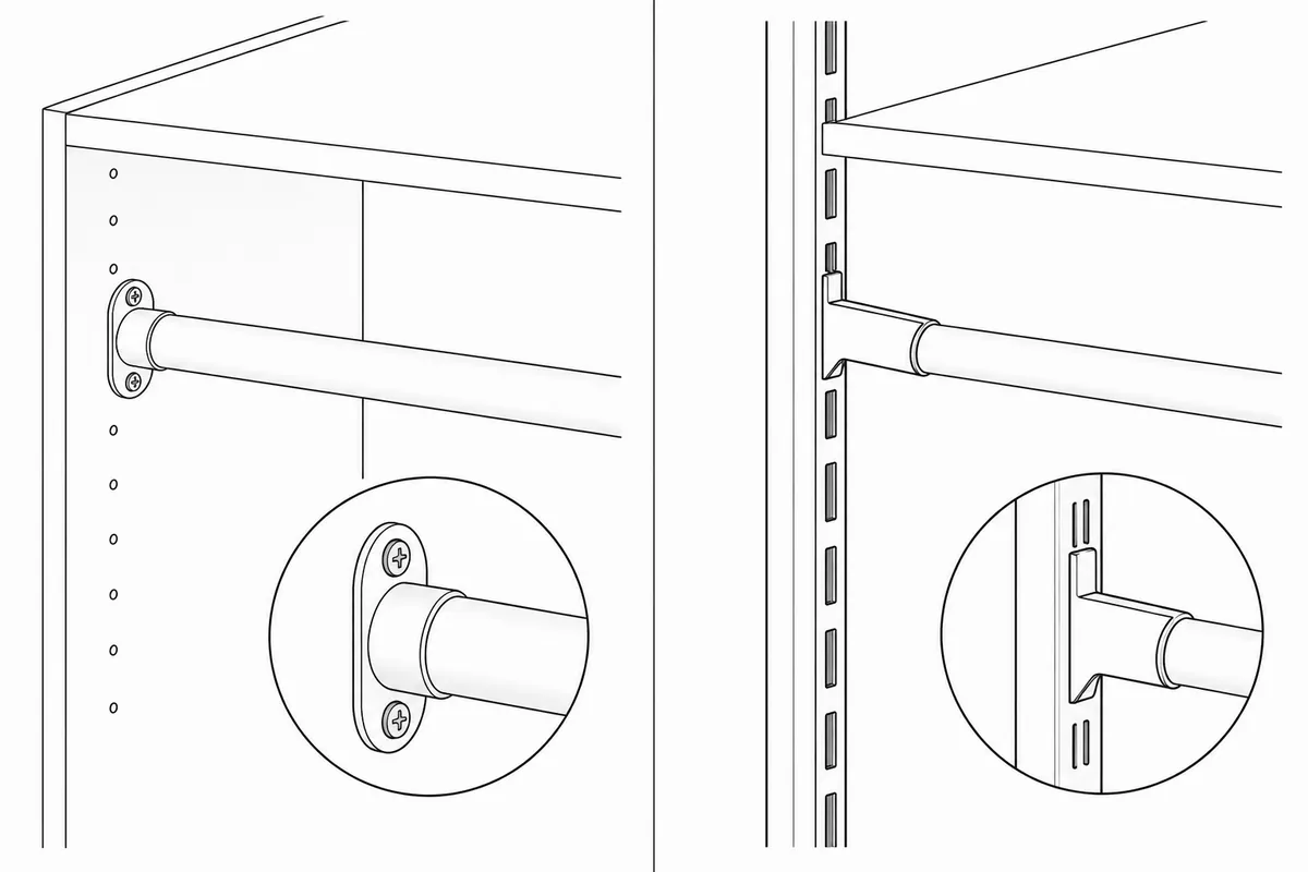 Generic side-mount and system-upright valet-rod interfaces shown as separate blank cabinet diagrams