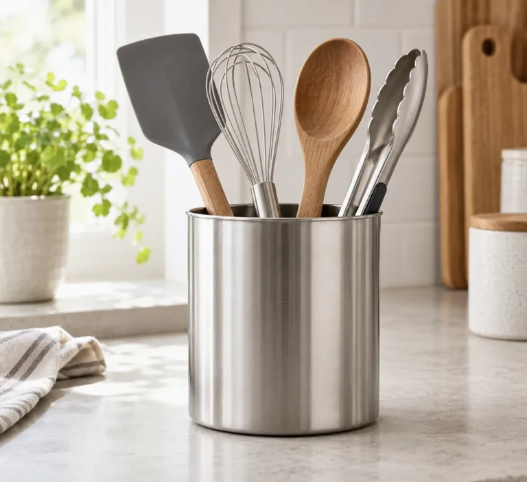 Generic metal countertop utensil holder with a small set of unbranded kitchen tools.