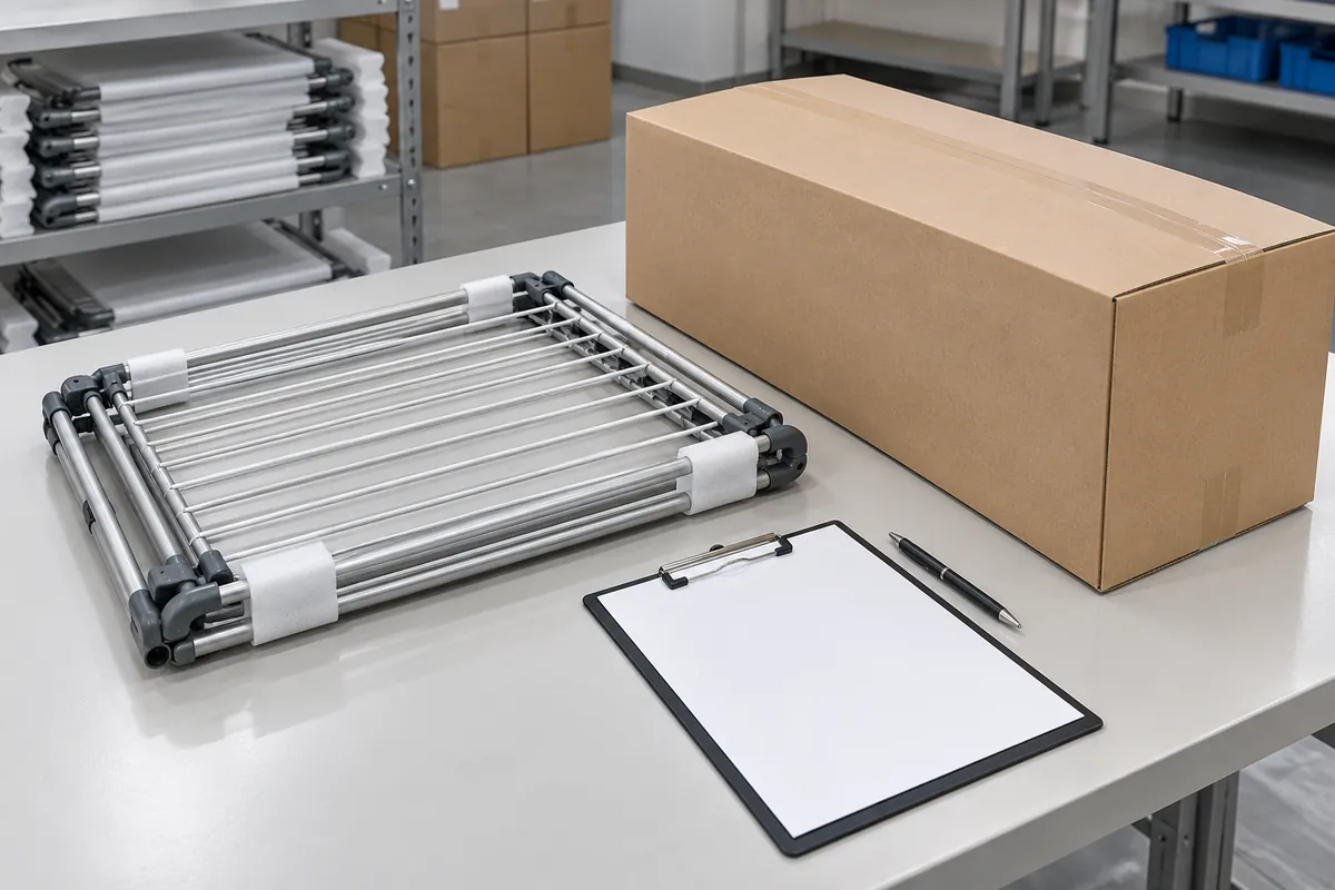 Generic folding metal airer beside an export carton during a buyer sample review, blank checklist with no readable text, dimensions, or branding