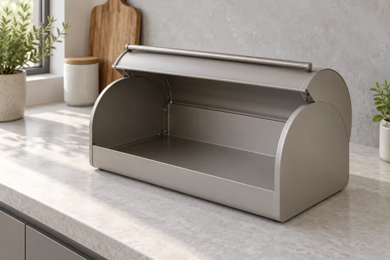 Generic metal countertop bread box with a partly open lid on a neutral kitchen surface, unbranded and without food or dimensions.
