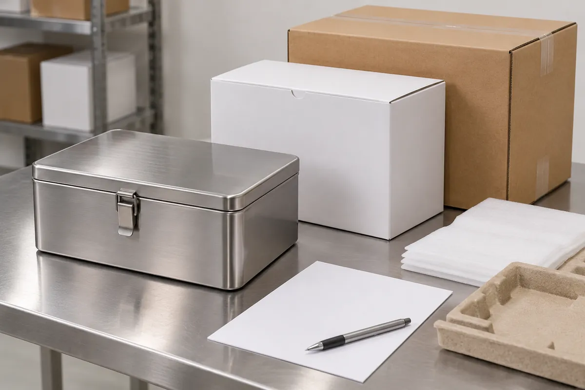Generic unbranded countertop storage box beside a plain retail carton and master carton during a sample pack-out review