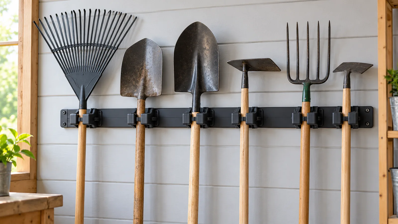 Illustrative unbranded long-handle garden tool rack with several different tool handles, showing a buyer-side product specification concept.
