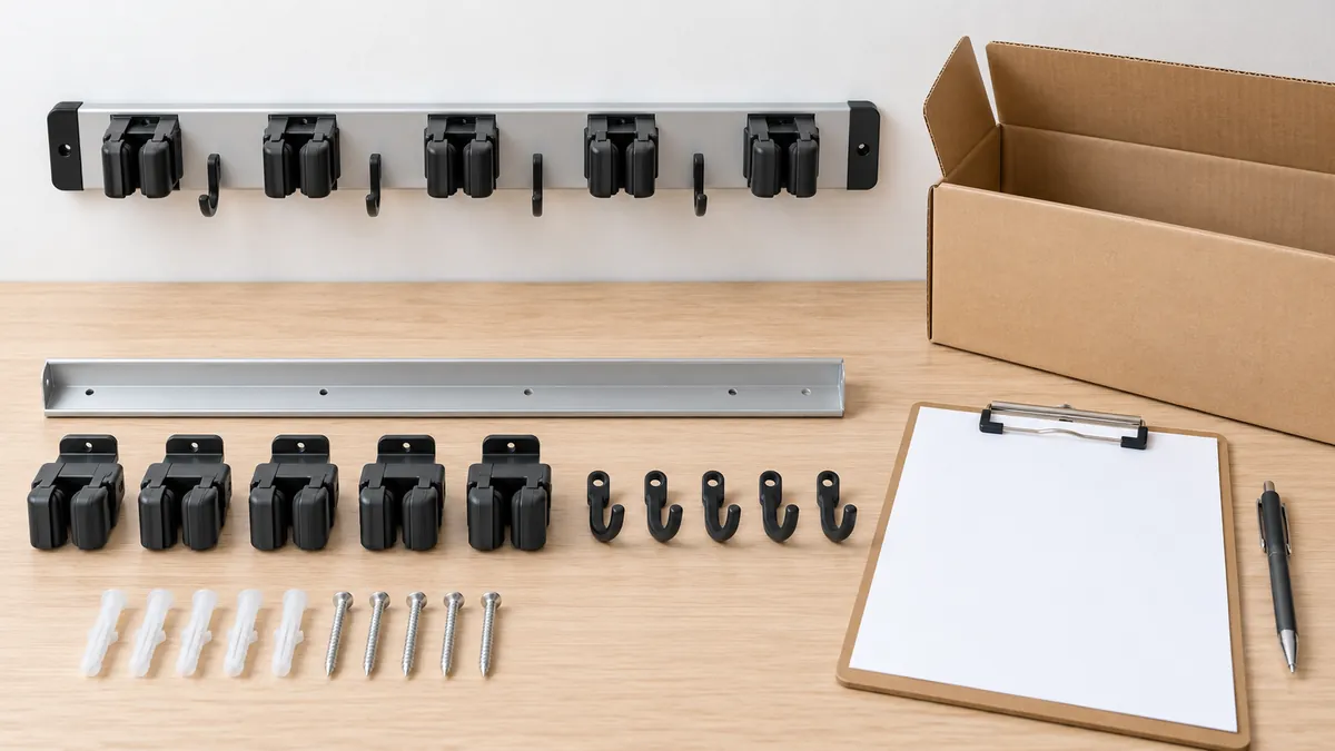 Unbranded importer checklist scene with a generic tool rack, blank inspection sheet and separated mounting components