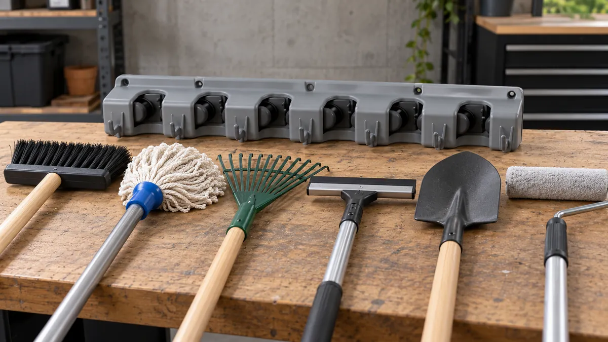 Conceptual close-up of mixed long handles and tool heads positioned beside a generic rack sample for fit review