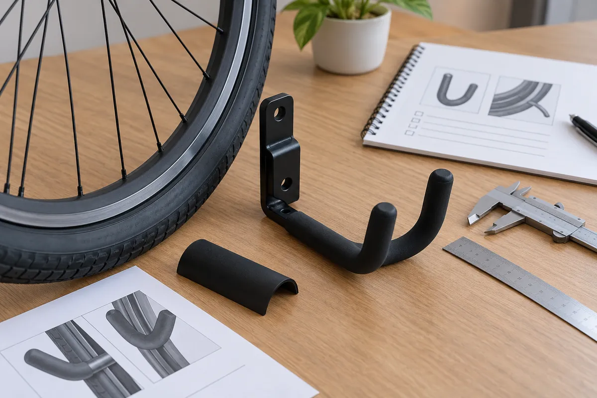 Importer reviewing a bicycle wall mount sample, tire contact point, protective sleeve and dimensional checks on a table