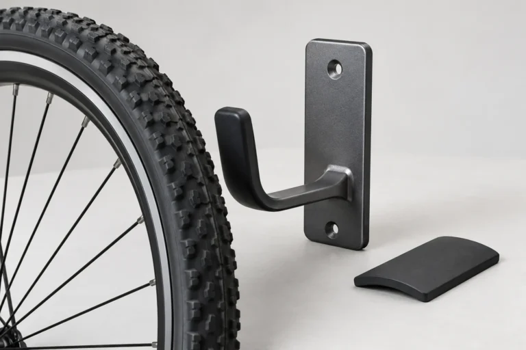 Unbranded conceptual bicycle wall-mount rack sample shown with a wheel and separate contact-protection components for importer specification review.