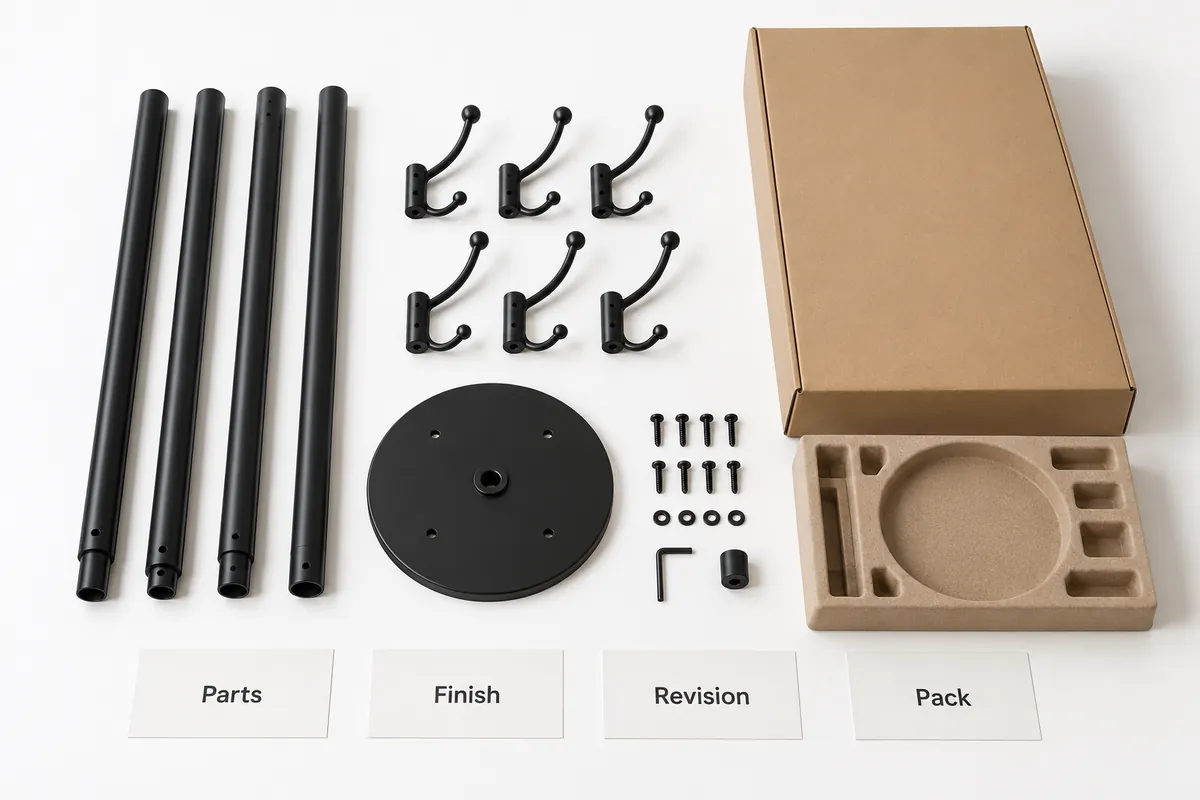 Freestanding coat rack buyer checklist covering parts, finish, revision and flat-pack contents