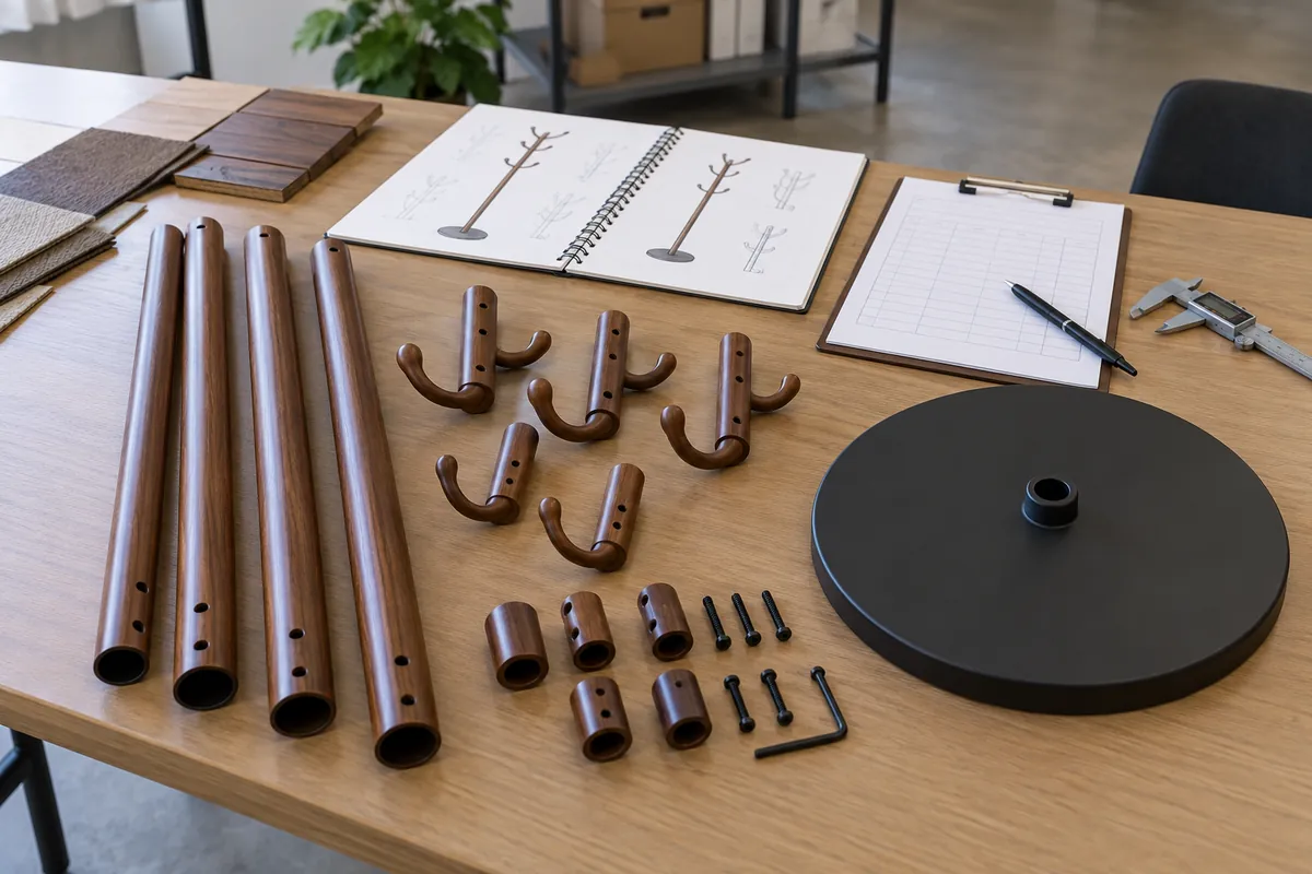 Importer reviewing loose coat-rack parts, sample revision drawing and finish details on a table