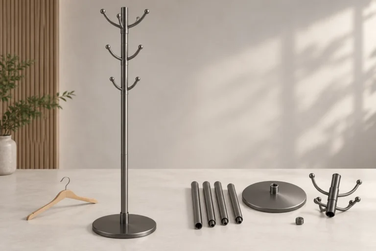 Unbranded conceptual freestanding metal coat rack sample on a review table with separate hook and base components.