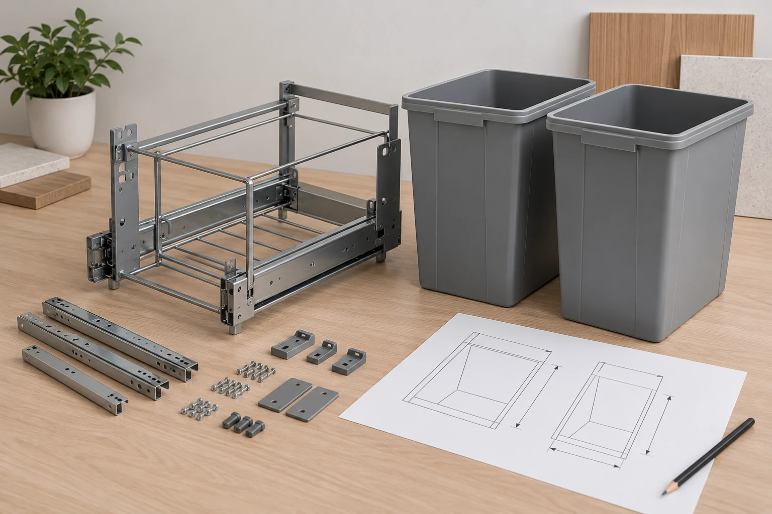 Unbranded conceptual pull-out recycling frame with two plain bins arranged on a product review table.