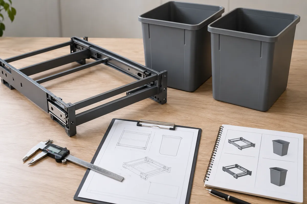 Importer reviewing a pull-out frame sample beside two unbranded bins, a cabinet dimension sketch and a blank measurement sheet