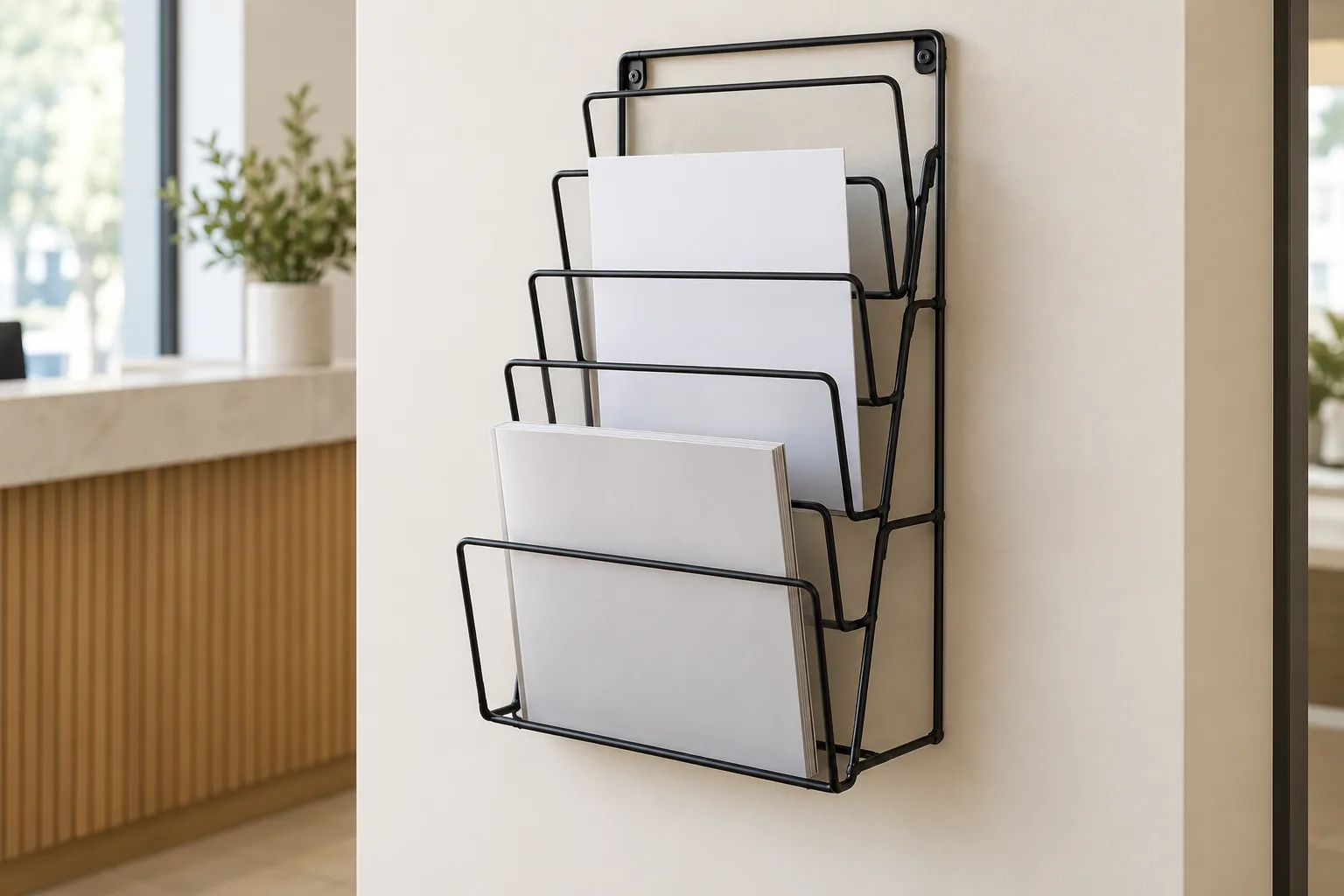 Unbranded black wire literature rack with blank paper formats in a neutral reception setting.