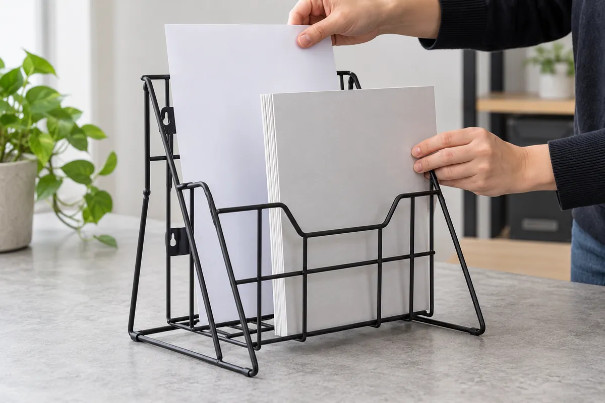 Buyer comparing blank paper and magazine samples to a literature-rack pocket opening