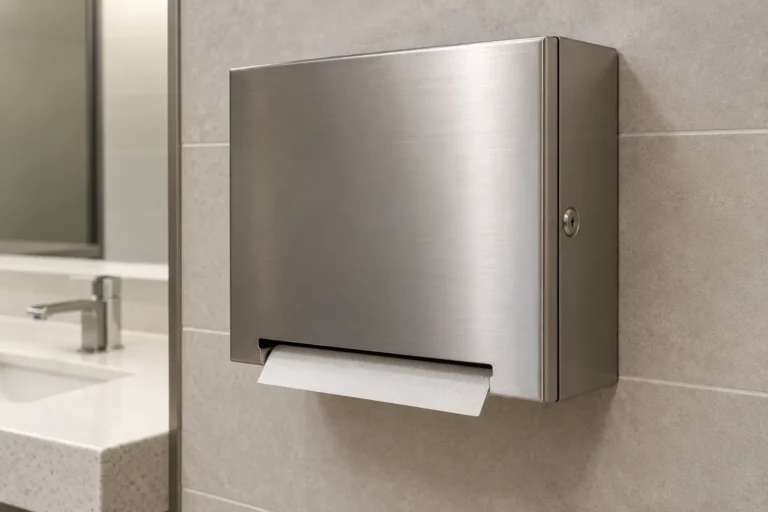 Generic stainless-steel folded-towel dispenser concept shown closed in a commercial washroom.