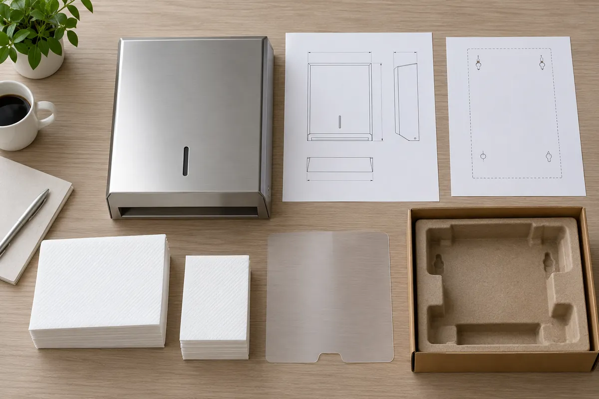 Commercial dispenser RFQ review with blank wall template, refill samples and protective packaging