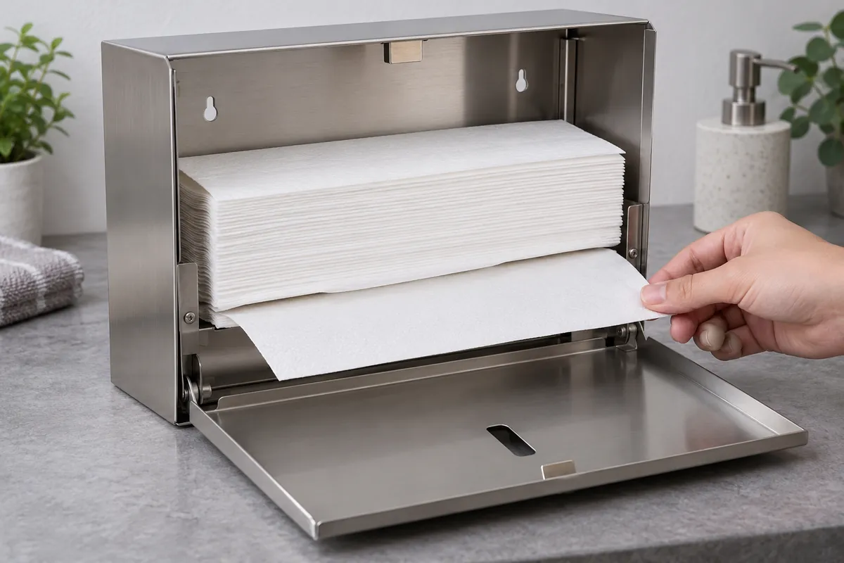 Importer checking folded towel refill access and outlet on a generic dispenser sample