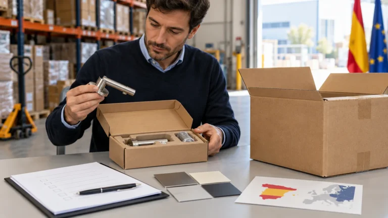 Importer reviewing an unbranded bathroom hardware product carton and shipping package with neutral packaging samples
