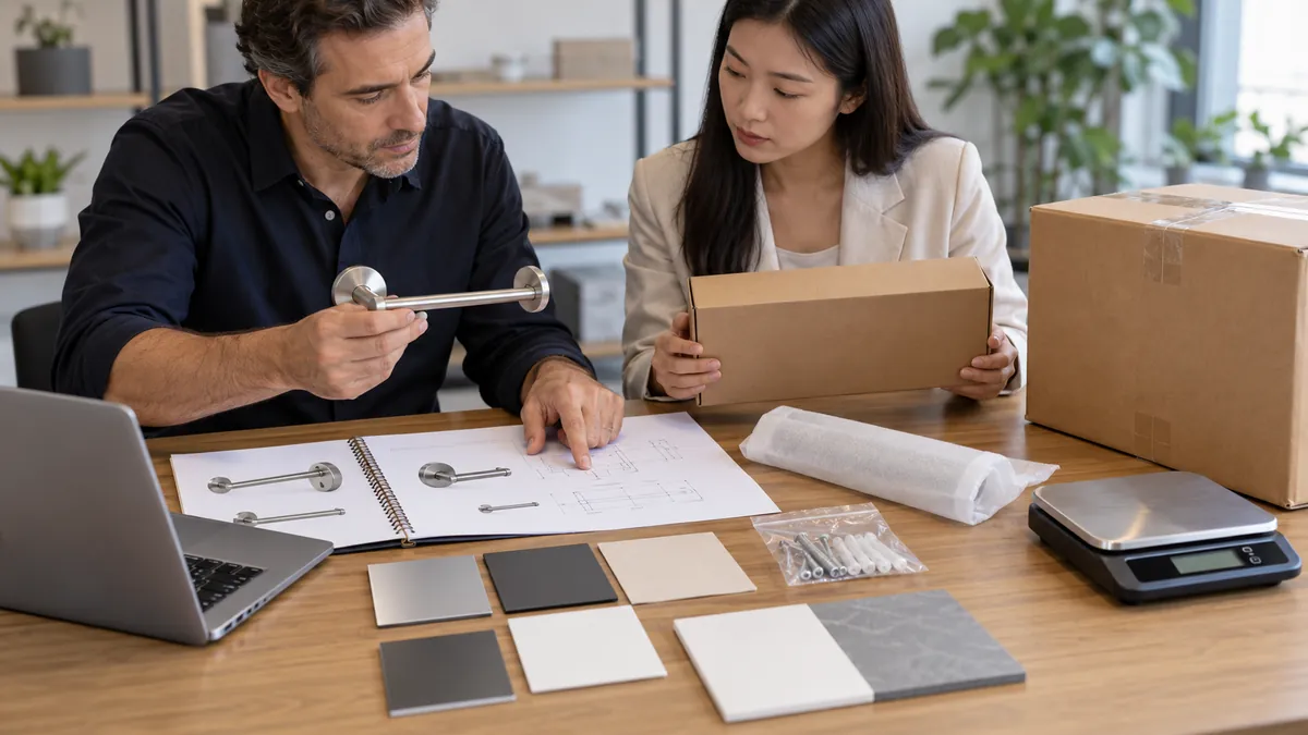 Importer and overseas supplier reviewing a packaging component list, scale and product carton