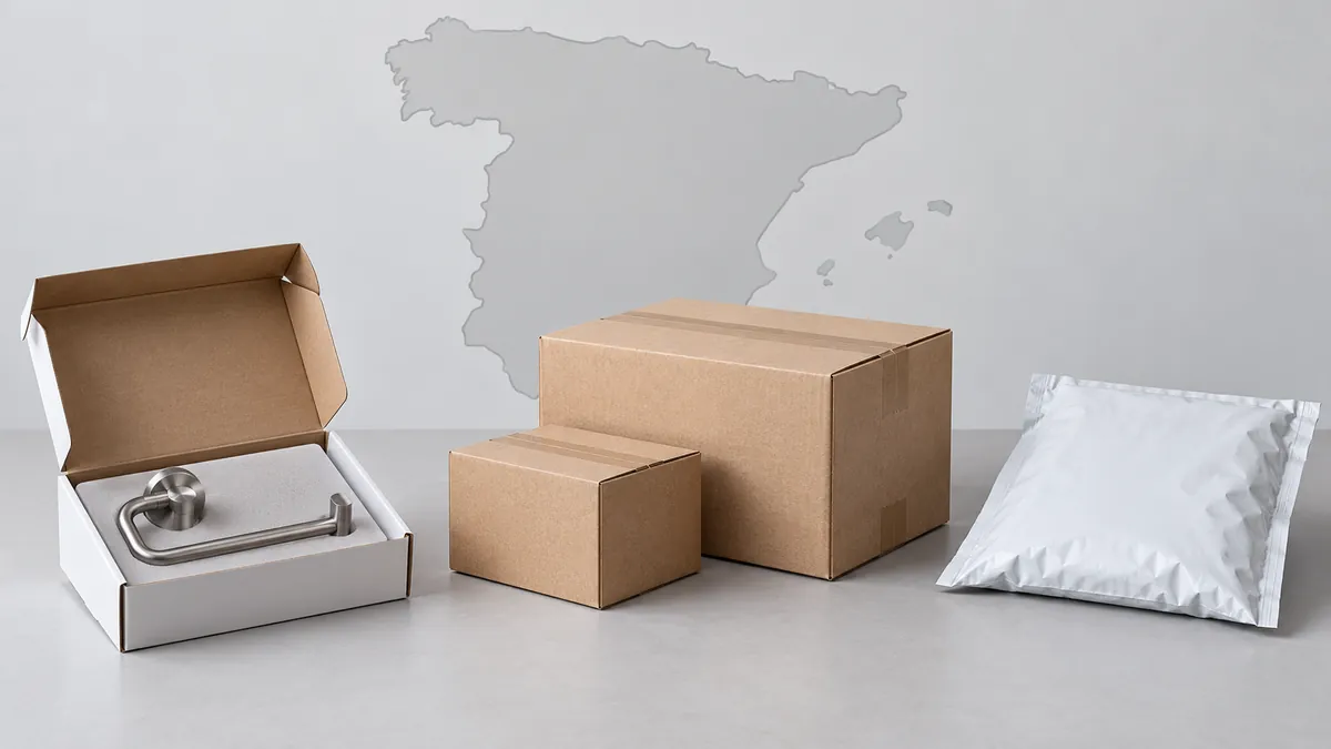Unbranded product, transport and mailer packages illustrating different packaging levels