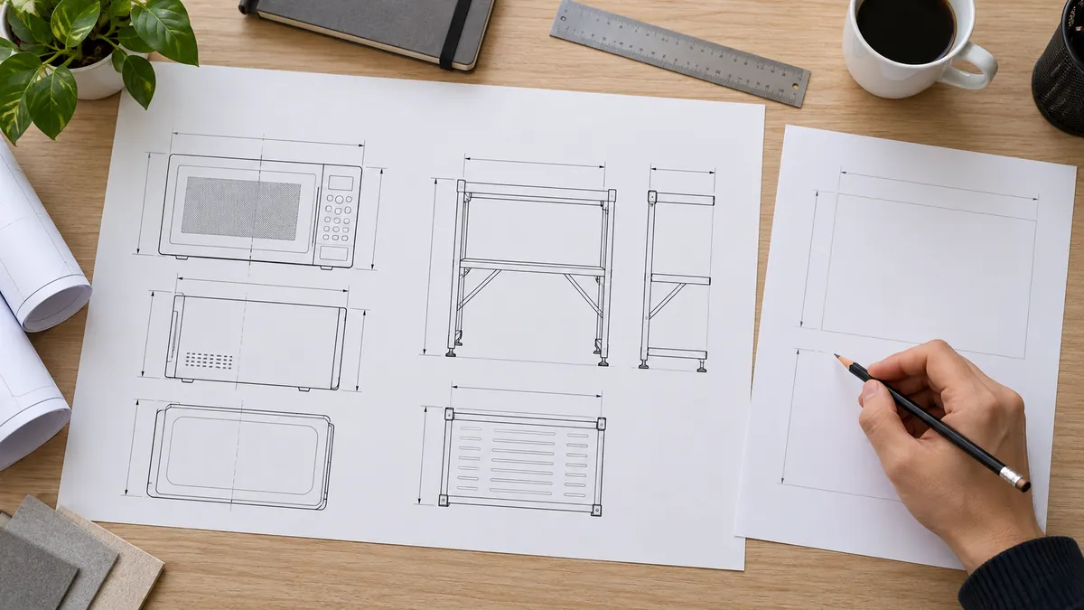 Importer reviewing an unbranded microwave envelope and rack clearance drawing