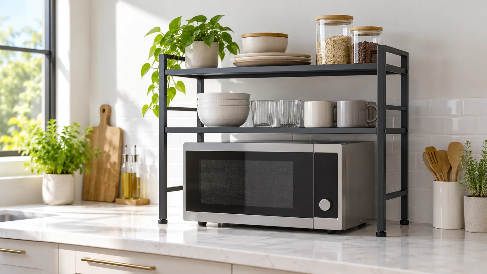 Generic freestanding countertop rack positioned above an unbranded microwave for importer fit review