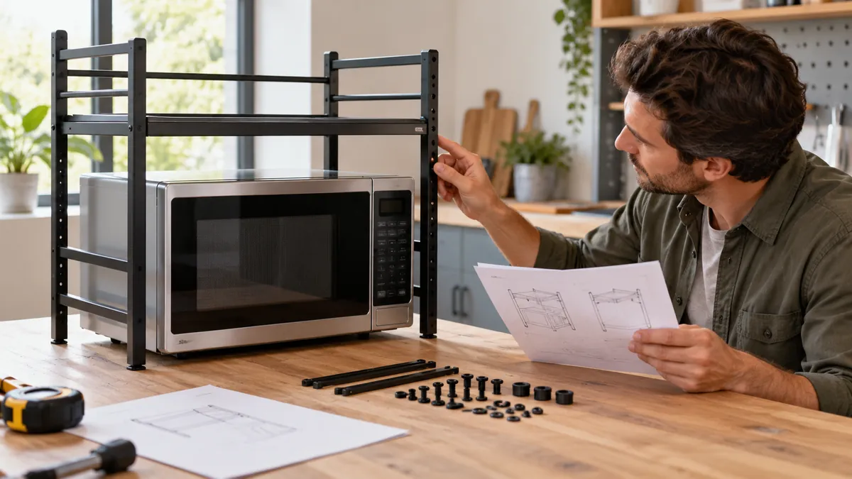 Unbranded microwave rack sample with adjustment positions and included parts under review