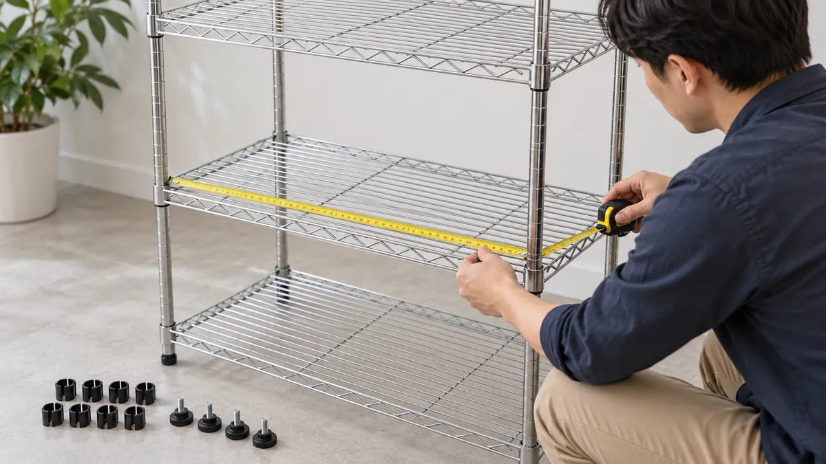 Buyer reviewing a generic wire pantry rack sample, shelf clips and included parts