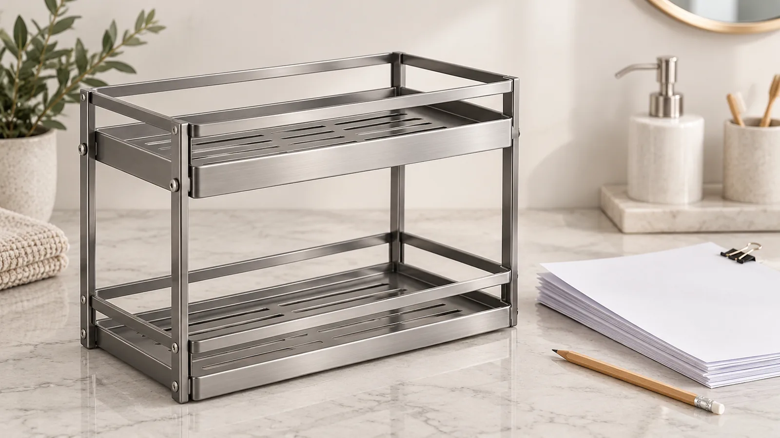 Generic metal bathroom shelf and blank supplier paperwork shown for a recycled-content claim review