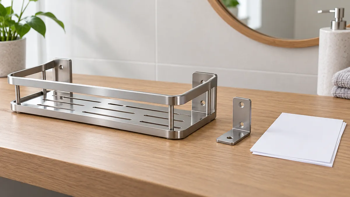 A generic bathroom shelf and separate component sketch illustrating product versus component claim scope