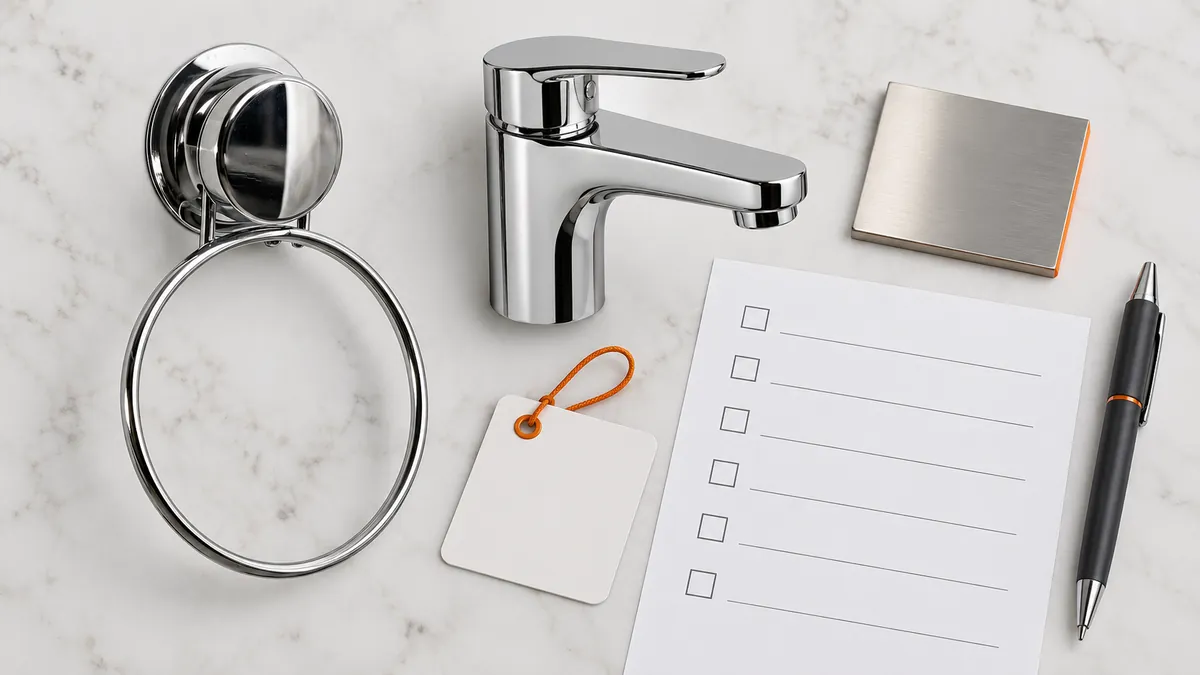Chrome towel ring, tap outline, blank SKU tag and buyer checklist for product scope review