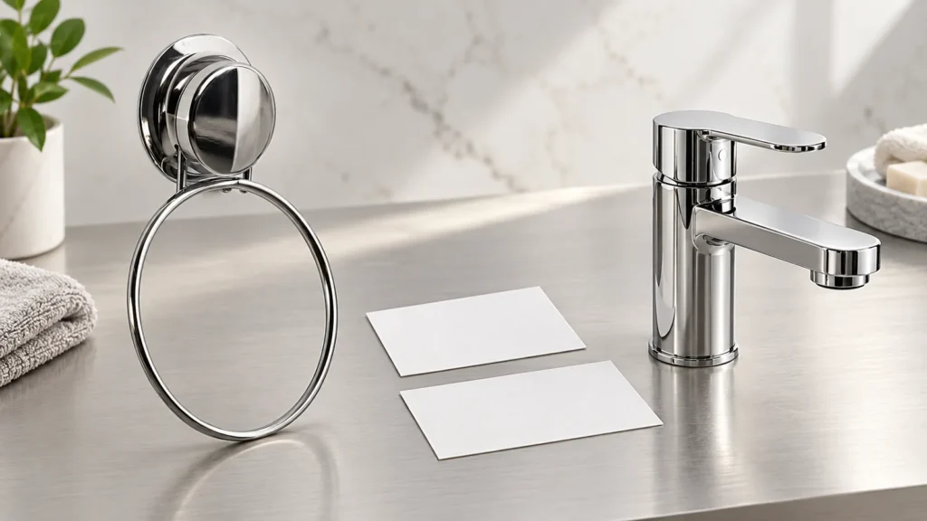 Chrome-plated towel ring and tap shown as different product types for a buyer scope review