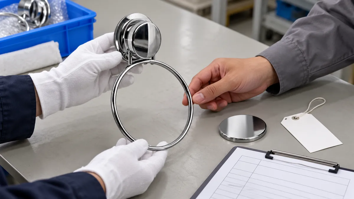 Buyer checking a chrome towel ring sample beside blank SKU and coating records