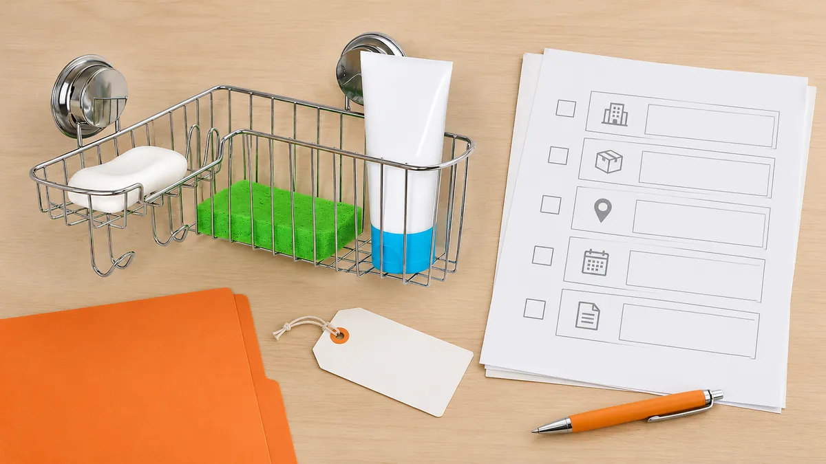 Chrome basket sample with blank onboarding checklist and document folder for buyer review