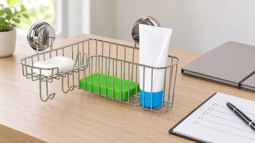 Chrome bathroom corner basket beside a blank supplier checklist for a buyer review